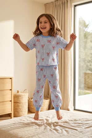 Kız Çocuk Pötikare Desenli Mavi Beyaz Renk Fiyonklu Kısa Kol %100 Pamuk Pijama Takımı