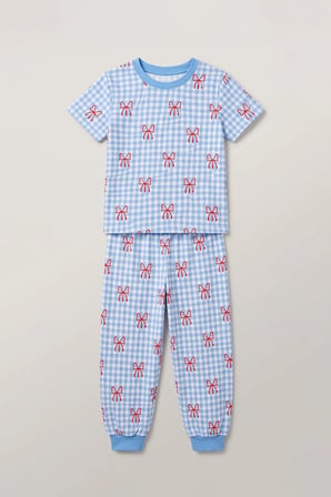 Kız Çocuk Pötikare Desenli Mavi Beyaz Renk Fiyonklu Kısa Kol %100 Pamuk Pijama Takımı