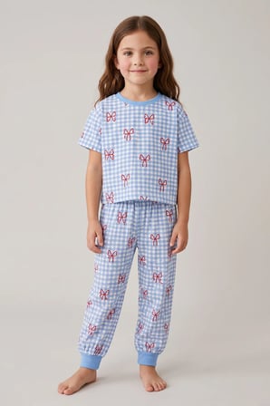 Kız Çocuk Pötikare Desenli Mavi Beyaz Renk Fiyonklu Kısa Kol %100 Pamuk Pijama Takımı