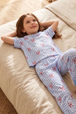 Kız Çocuk Pötikare Desenli Mavi Beyaz Renk Fiyonklu Kısa Kol %100 Pamuk Pijama Takımı