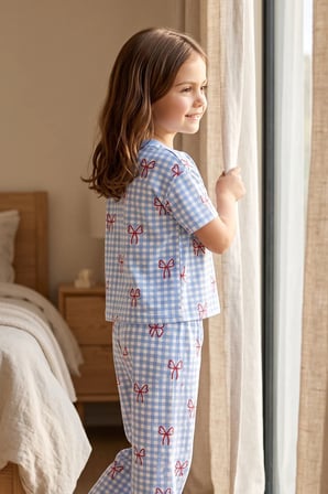 Kız Çocuk Pötikare Desenli Mavi Beyaz Renk Fiyonklu Kısa Kol %100 Pamuk Pijama Takımı