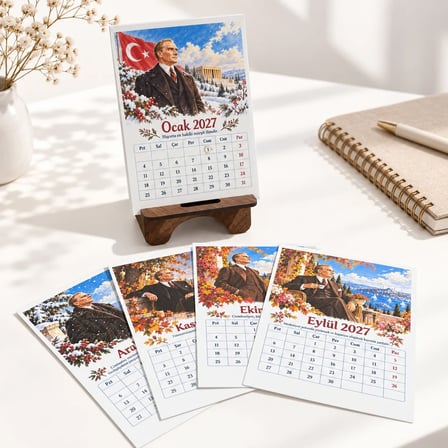 2027 Takvim - Mustafa Kemal Atatürk Fotoğraflı Standlı Masaüstü Takvim- Ahşap Telefon Tutucu (10x14 cm)