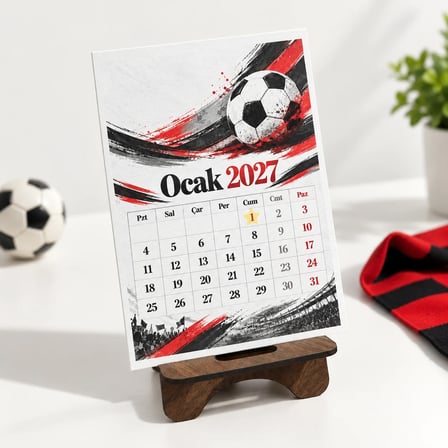 2027 Takvim - Siyah Beyaz Taraftar Standlı Masaüstü Takvim- Ahşap Telefon Tutucu (10x14 cm)