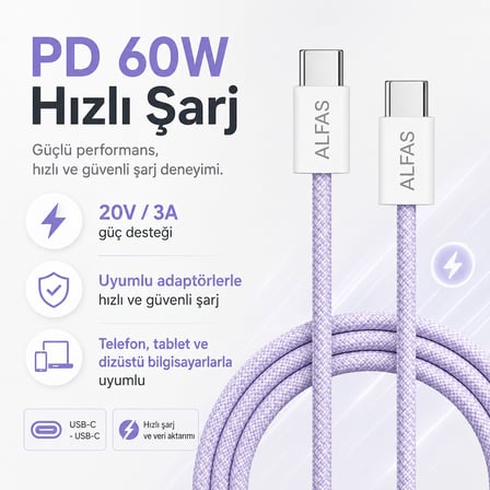 Type-C to Type-C Örgülü Şarj Kablosu 1m PD 60W 3A 1Gbps Hızlı Şarj Data iPhone Android Uyumlu Mor