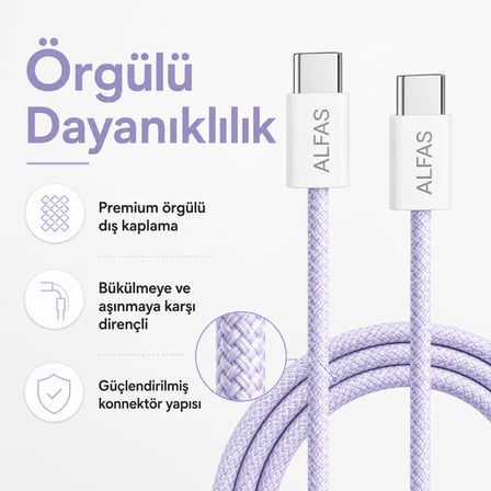 Type-C to Type-C Örgülü Şarj Kablosu 1m PD 60W 3A 1Gbps Hızlı Şarj Data iPhone Android Uyumlu Mor