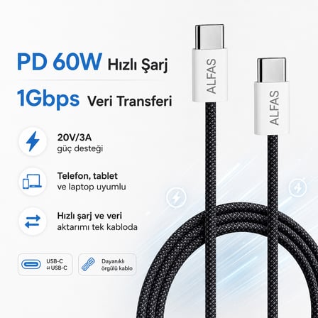 Type-C to Type-C Örgülü Şarj Kablosu 1m PD 60W 3A 1Gbps Hızlı Şarj Data iPhone Android Uyumlu Siyah