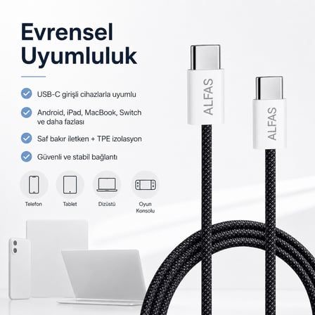 Type-C to Type-C Örgülü Şarj Kablosu 1m PD 60W 3A 1Gbps Hızlı Şarj Data iPhone Android Uyumlu Siyah