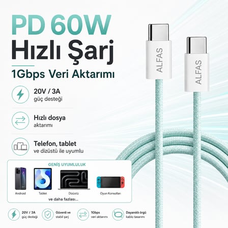 Type-C to Type-C Örgülü Şarj Kablosu 1m PD 60W 3A 1Gbps Hızlı Şarj Data iPhone Android Uyumlu Yeşil