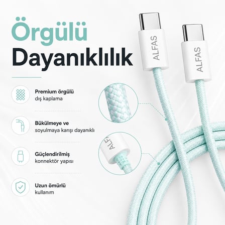 Type-C to Type-C Örgülü Şarj Kablosu 1m PD 60W 3A 1Gbps Hızlı Şarj Data iPhone Android Uyumlu Yeşil