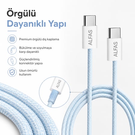Type-C to Type-C Örgülü Şarj Kablosu 1m PD 60W 3A 1Gbps Hızlı Şarj Data iPhone Android Uyumlu Mavi
