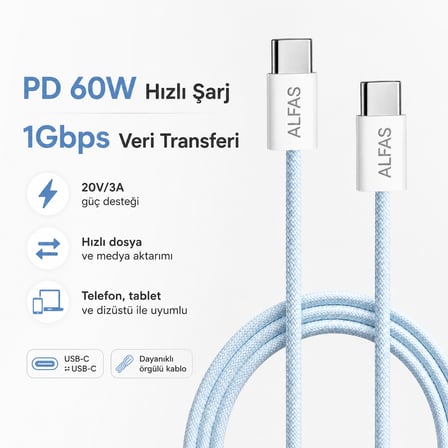 Type-C to Type-C Örgülü Şarj Kablosu 1m PD 60W 3A 1Gbps Hızlı Şarj Data iPhone Android Uyumlu Mavi