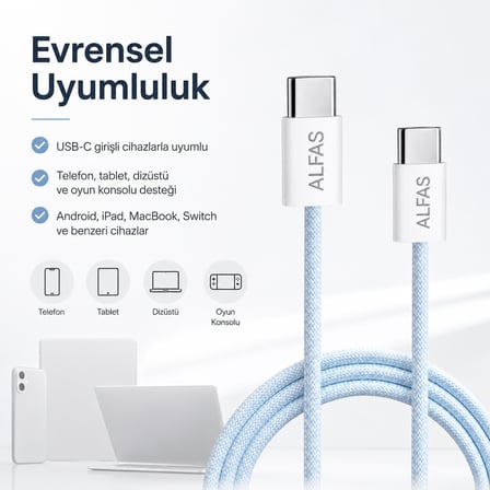 Type-C to Type-C Örgülü Şarj Kablosu 1m PD 60W 3A 1Gbps Hızlı Şarj Data iPhone Android Uyumlu Mavi
