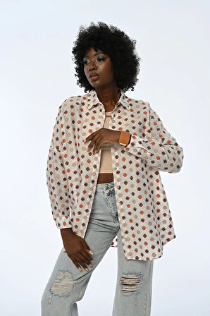 KADIN ÇİÇEK DESENLİ OVERSIZE KALIP GÖMLEK