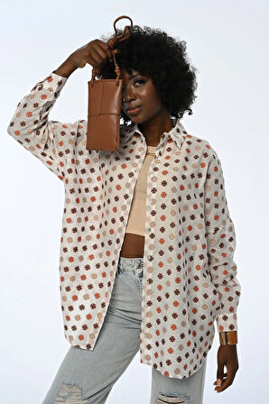 KADIN ÇİÇEK DESENLİ OVERSIZE KALIP GÖMLEK