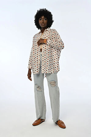 KADIN ÇİÇEK DESENLİ OVERSIZE KALIP GÖMLEK