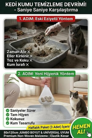 3'lü Elekli Kedi Kumu Filtresi Poşeti (80x120 cm Jumbo Boy), Lastikli ve Yırtılmaz Kedi Tuvaleti Temizleme Filesi, Açık ve Kapalı Kedi Tuvaletleri ile Uyumlu Pratik Elek