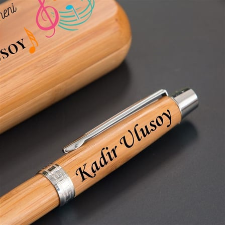 Müzik Öğretmenine Hediye İsme Özel Bambu Ahşap Roller Kalem Seti - Öğretmenler Günü Kutulu Kalem