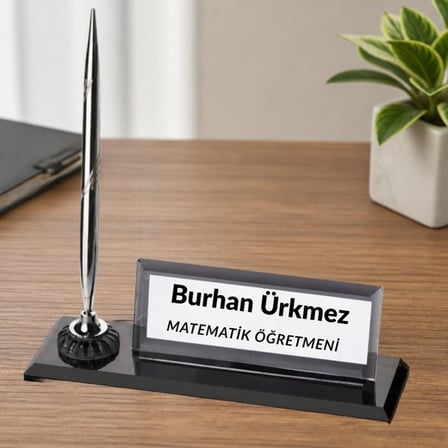 Öğretmene Hediye Kalemli Kristal Cam Masa İsimliği