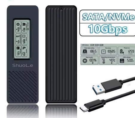 shuole M.2 SSD Muhafaza Adaptörü'dür. (Enclosure) – Akıllı LCD Ekranlı, USB 3.2 Gen 2 Type-C