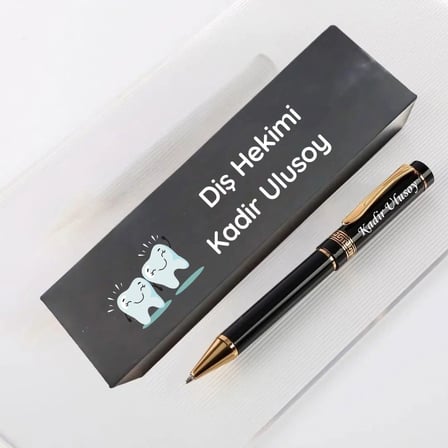 Diş Hekimine Hediye İsimli Kutulu Metal Kalem - Diş Hekimleri Günü Hediyesi Mat Siyah Tükenmez Kalem