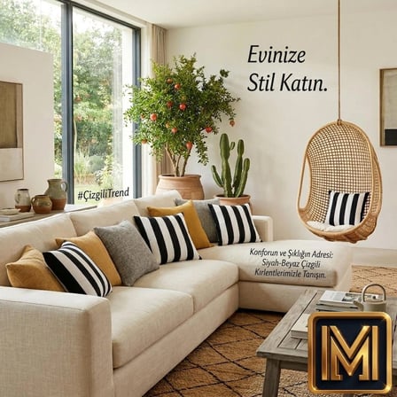 MEDET HOME kırlent 6 4'lü Siyah Beyaz Çizgili Kırlent Kılıfı 45x45 cm Modern Dekoratif Koltuk Yastık Kılıfı
