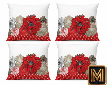 MEDET HOME Kırlent 8 4'lü Dekoratif Kırlent Kılıfı Seti 45X45 cm Kırmızı Çiçek Desenli Modern Salon ve Koltuk Yastık Kılıfı Gizli Fermuarlı