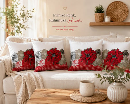 MEDET HOME Kırlent 8 4'lü Dekoratif Kırlent Kılıfı Seti 45X45 cm Kırmızı Çiçek Desenli Modern Salon ve Koltuk Yastık Kılıfı Gizli Fermuarlı