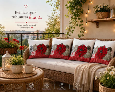 MEDET HOME Kırlent 8 4'lü Dekoratif Kırlent Kılıfı Seti 45X45 cm Kırmızı Çiçek Desenli Modern Salon ve Koltuk Yastık Kılıfı Gizli Fermuarlı