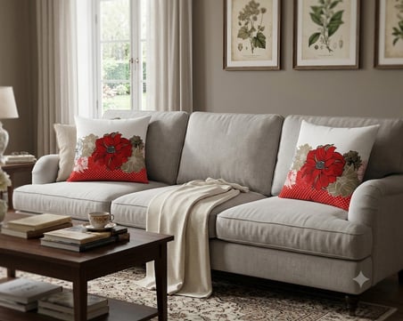 MEDET HOME Kırlent 8 4'lü Dekoratif Kırlent Kılıfı Seti 45X45 cm Kırmızı Çiçek Desenli Modern Salon ve Koltuk Yastık Kılıfı Gizli Fermuarlı