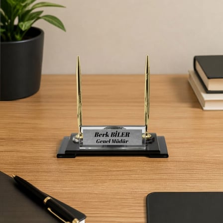 Kişiye Özel Kristal Cam Masa İsimliği - Çift Altın Kalemli ve Saatli Lüks Ofis İsimlik Seti