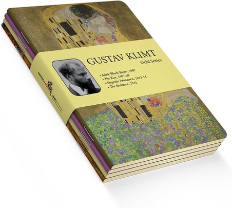 Gold Series - A5, Gustav Klimt 4'lü Defter Seti I, Çizgisiz, Toplam 256 Sayfa, Her biri 64 Sayfa, Tel Dikiş, Esnek Kapak, Oval Kenar, Tuval Doku, 60 gram, Sarı Krem Renk