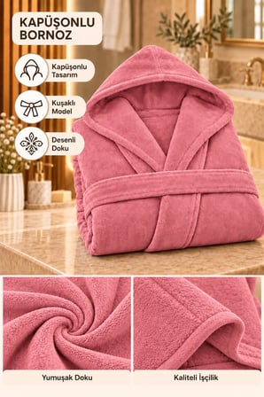 Kapüşonlu Unisex Rashell Bornoz Cepli  Yumuşak Dokulu