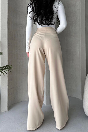 Kadın Ecru Yüksek Bel Geniş Kesim Pantolon