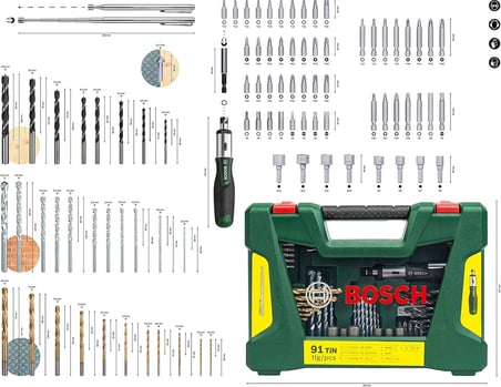Home and Garden Accessories 91 adet V-Line titanyum matkap ve uç seti (ahşap, taş ve metal için, cırcırlı tornavida ve manyetik çubuk dahil, delme ve vidalama aletleri için aksesuarlar)