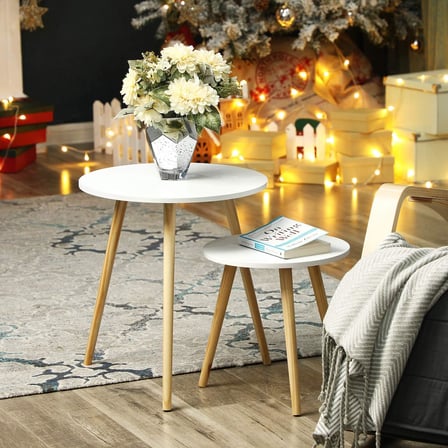 Yan Sehpa Seti, Yuvarlak, 2 Modern Kanepe Sehpası, Minimalist, İskandinav Tarzı, Masif Ahşap Ayaklar, Oturma Odası Ve Balkon İ̇Çin Sehpa Kombinasyonu, Çam Let07Wn