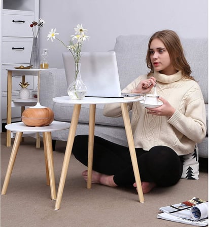Yan Sehpa Seti, Yuvarlak, 2 Modern Kanepe Sehpası, Minimalist, İskandinav Tarzı, Masif Ahşap Ayaklar, Oturma Odası Ve Balkon İ̇Çin Sehpa Kombinasyonu, Çam Let07Wn