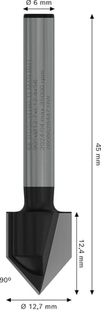 V-Oluk Freze Standart, Ahşap için, 6 mm Şaftlı D1 12,7 mm, U 12,7 mm, G 45 mm, 90°