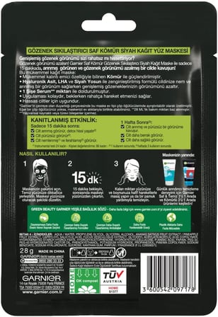 Skin Naturals Kömürlü Kağıt Yüz Maskesi Siyah Yosun