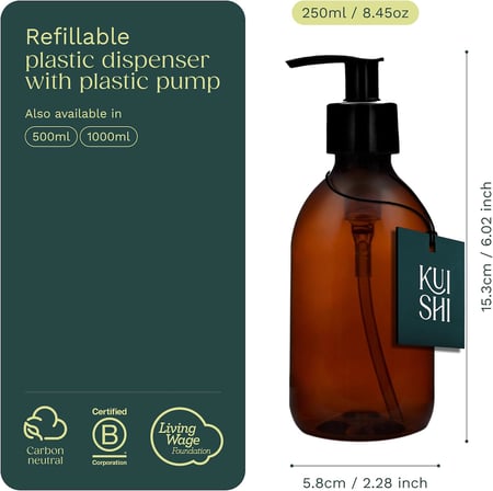 Pompa Dispenseri ile Kahverengi Amber Plastik Şişeler [250ml x 1], BPA İçermeyen Plastik Pompa Şişeleri, El Yıkama, Losyonlar, Dezenfektanı, Şampuan, Saç Kremi, Duş Jeli için Boş Pompa Dağıtıcı