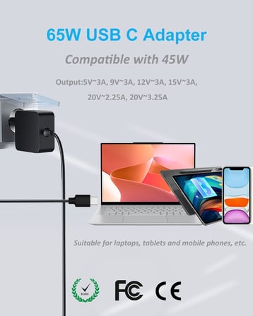 65W USB C Dizüstü Bilgisayar Güç Kaynağı Lenovo HP Dell Samsung ASUS Huawei Matebook Şarj Kablosu Type C Adaptörü