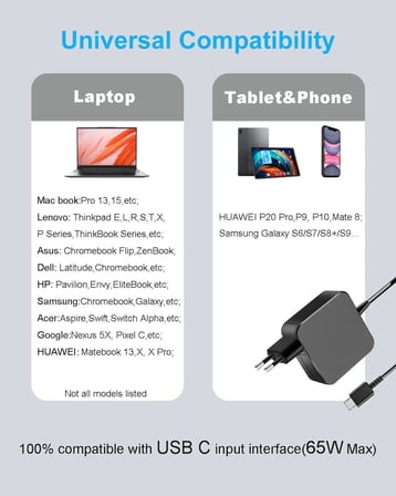 65W USB C Dizüstü Bilgisayar Güç Kaynağı Lenovo HP Dell Samsung ASUS Huawei Matebook Şarj Kablosu Type C Adaptörü