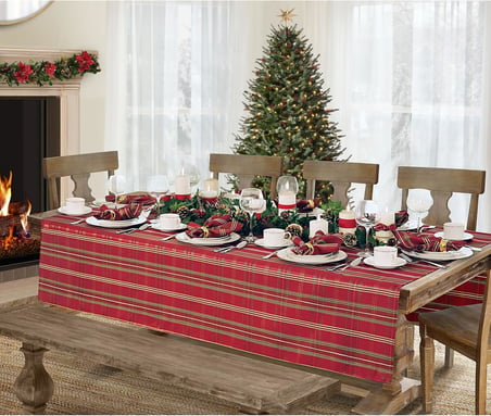 Home Fashions Parıltılı Ekose Tatil Kumaş Masa Örtüsü, 152,4 cm x 365,8 cm, Kırmızı