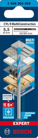 Professional 1x EXPERT CYL-9 MultiConstruction Delme Uçları (Beton, Yumuşak döşemeler, Çelik, Yumuşak ahşap, Plastik, Ø 5,50x85 mm, Aksesuar Darbeli Matkap/Vidalama)