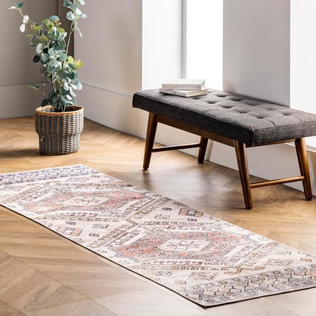Mae Makinede Yıkanabilir Tribal Motif Yolluk Halı, 2' 6" x 12', Şeftali