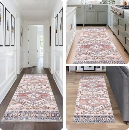 Mae Makinede Yıkanabilir Tribal Motif Yolluk Halı, 2' 6" x 12', Şeftali