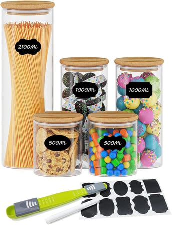 5'Li Set Yoyoblue Saklama Kavanozu Bambu Kapak, Mutfak Saklama Kavanozu, Baharat Kavanozu, Hava Geçirmez Cam Kap, Spagetti, Baharat, Fasulye, Şeker İçin Hava Geçirmez