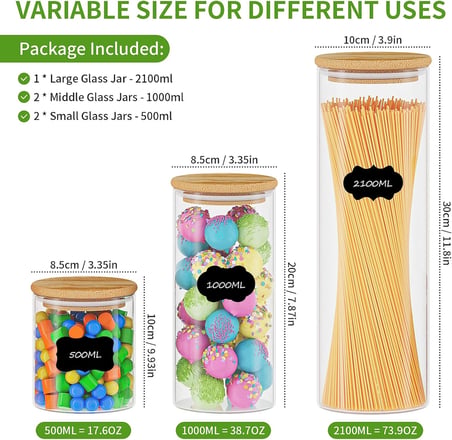 5'Li Set Yoyoblue Saklama Kavanozu Bambu Kapak, Mutfak Saklama Kavanozu, Baharat Kavanozu, Hava Geçirmez Cam Kap, Spagetti, Baharat, Fasulye, Şeker İçin Hava Geçirmez