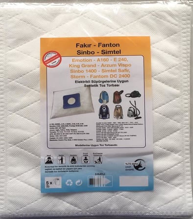 - FANTOM - SİNBO - SİMTEL ile Uyumlu ELEKTRİKLİ SÜPÜRGE SENTETİK TOZ TORBASI (5 ADET)