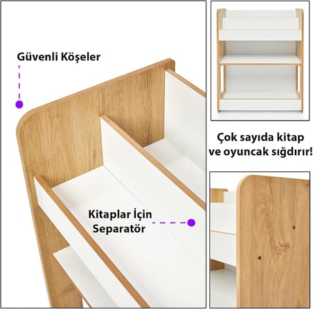 0-6 Yaş Martı Montessori Ahşap Çocuk Kitaplığı ve Oyuncak Toplama Ünitesi