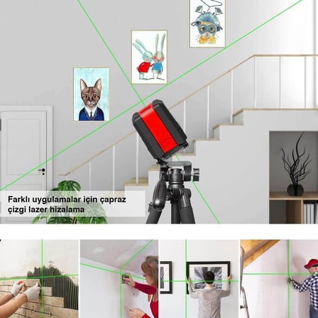 KBL92G 30 Metre Profesyonel Yatay ve Dikey Otomatik Hizalamalı Yeşil Çapraz Çizgi Lazer, 2 Noktalı Şakül Lazer Distomat + Mini Tripod, Kırmızı/Siyah